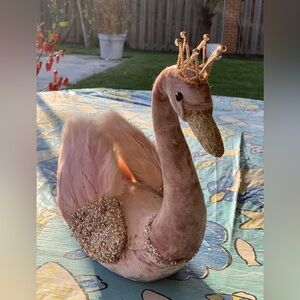 Pink Velvet Fur Glittered Swan Wearing Gold Crown, 12in